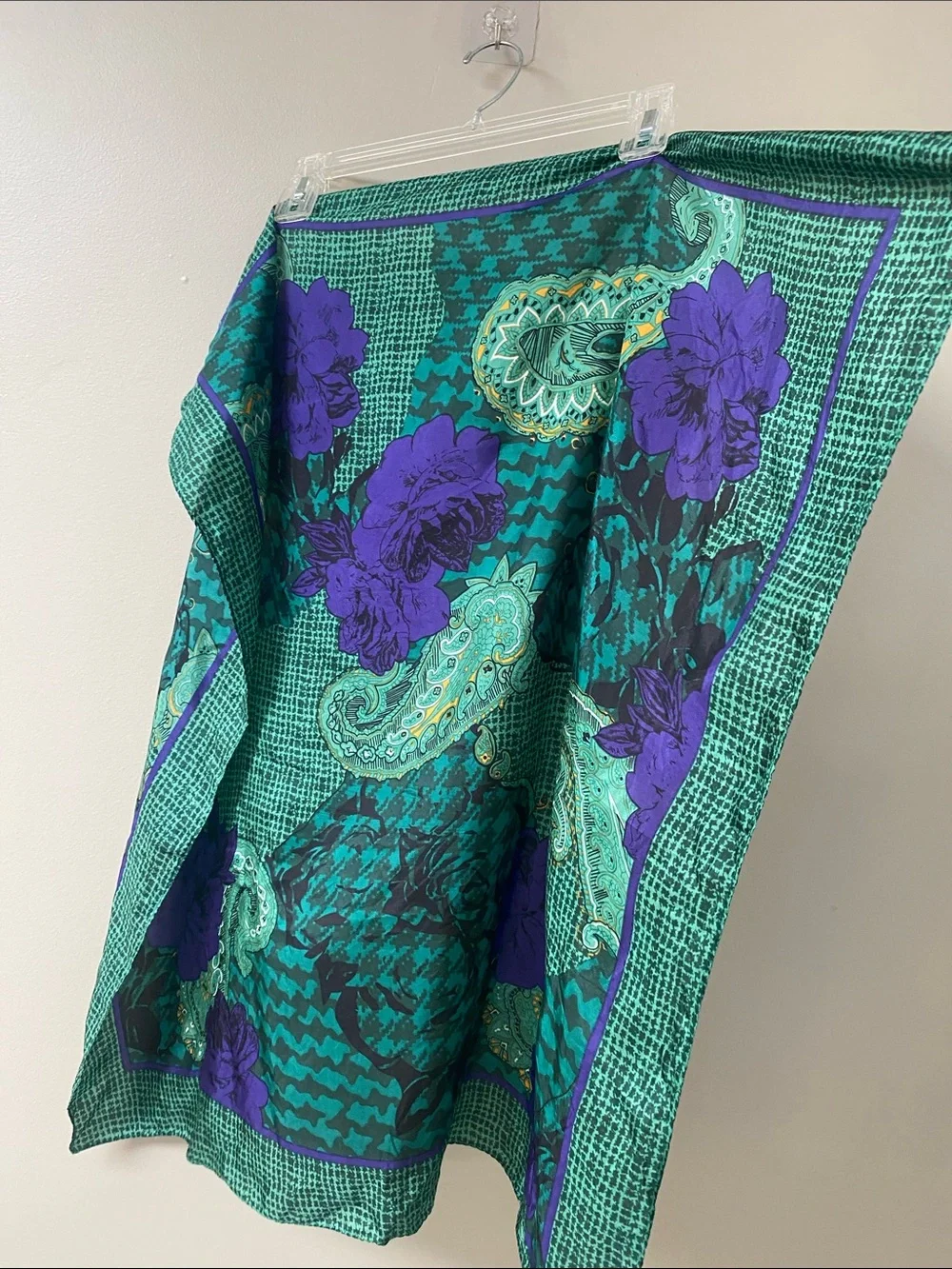 Vintage Christian Dior Purple rose Green Paisley-Print Silk Scarf